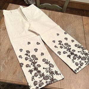 Anthropologie Maeve Collette Cream Floral Wide Leg Jeans